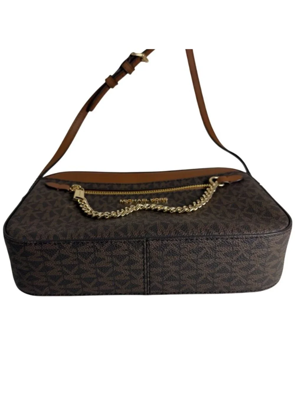 NWT $398 Michael Kors Jet Set Brown Signature Logo PVC Chain Crossbody Bag